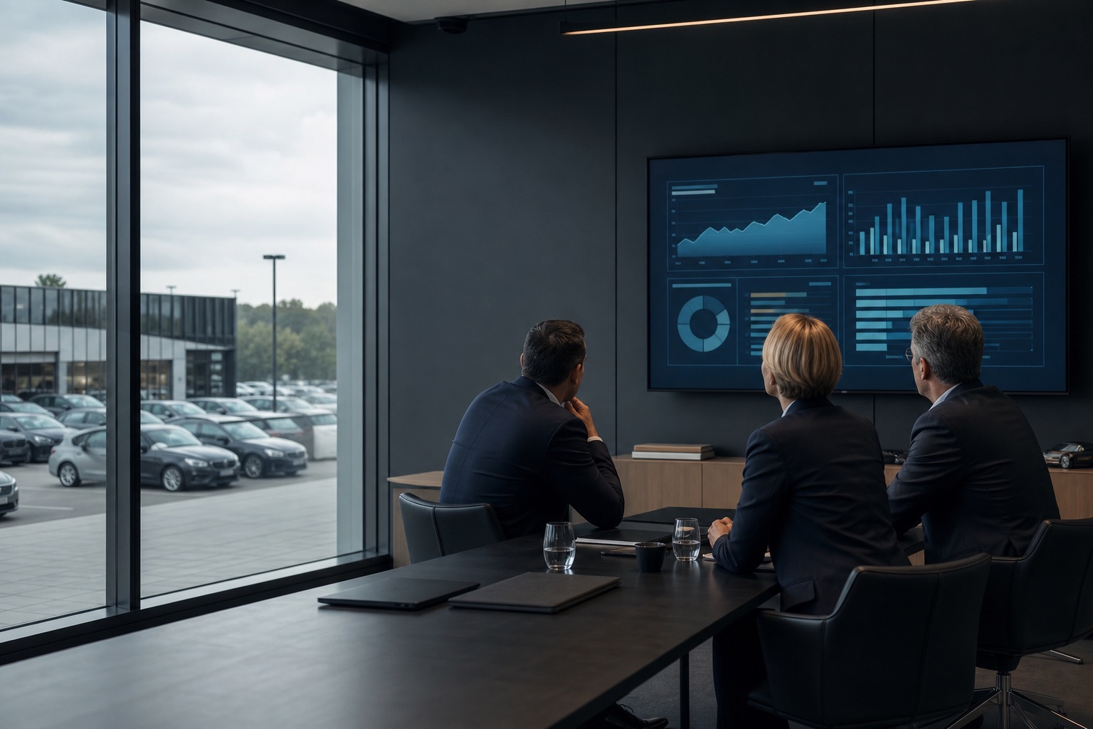 Zarząd analizujący dashboard wyników dealerskich